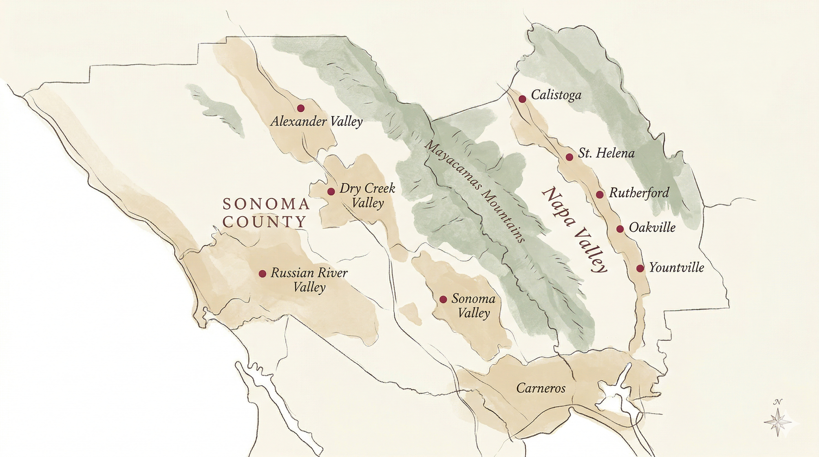 Stylized map of Napa Valley and Sonoma County showing key wine regions including Calistoga, St. Helena, Rutherford, Russian River Valley, and Dry Creek Valley